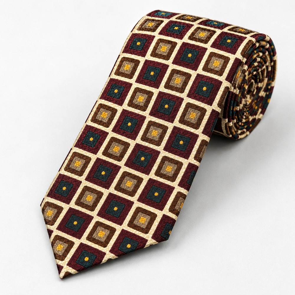 Joseph Abboud Silk Tie Made in Italy Geometric Square Burgundy Gold Teal Retro